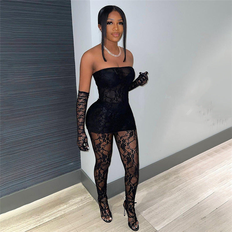 Lace Tube Top High Waist Tight Body Stocking Long Pants Suit