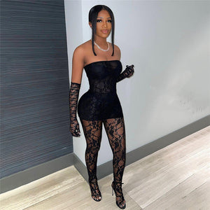 Lace Tube Top High Waist Tight Body Stocking Long Pants Suit