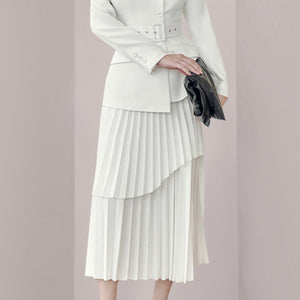 Solid Color Niche Slimming Waist Pleated Mid-length Dress Set