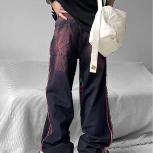 Washed Wool Design Sense Stitching Raw Edge Jeans