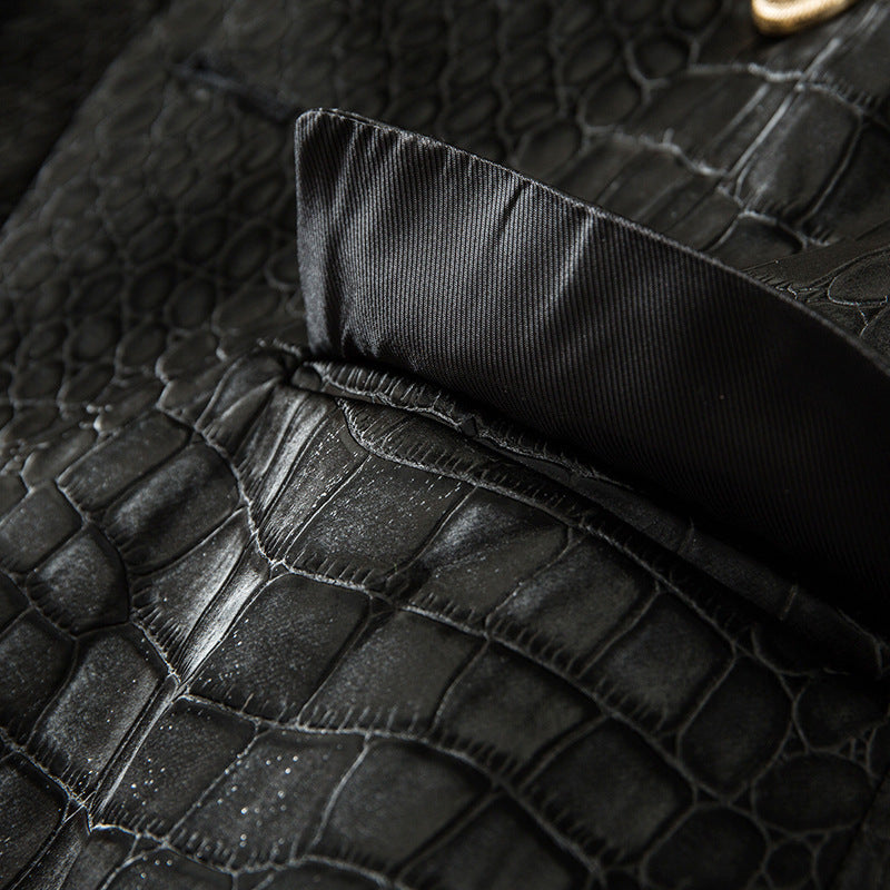 Suit Crocodile Leather Coat Slim-fit Top Metal Buckle Waist-tight Jacket