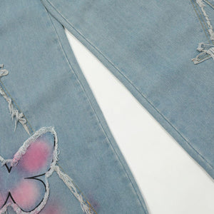 Sweet Cute Butterfly Wash Denim Trousers