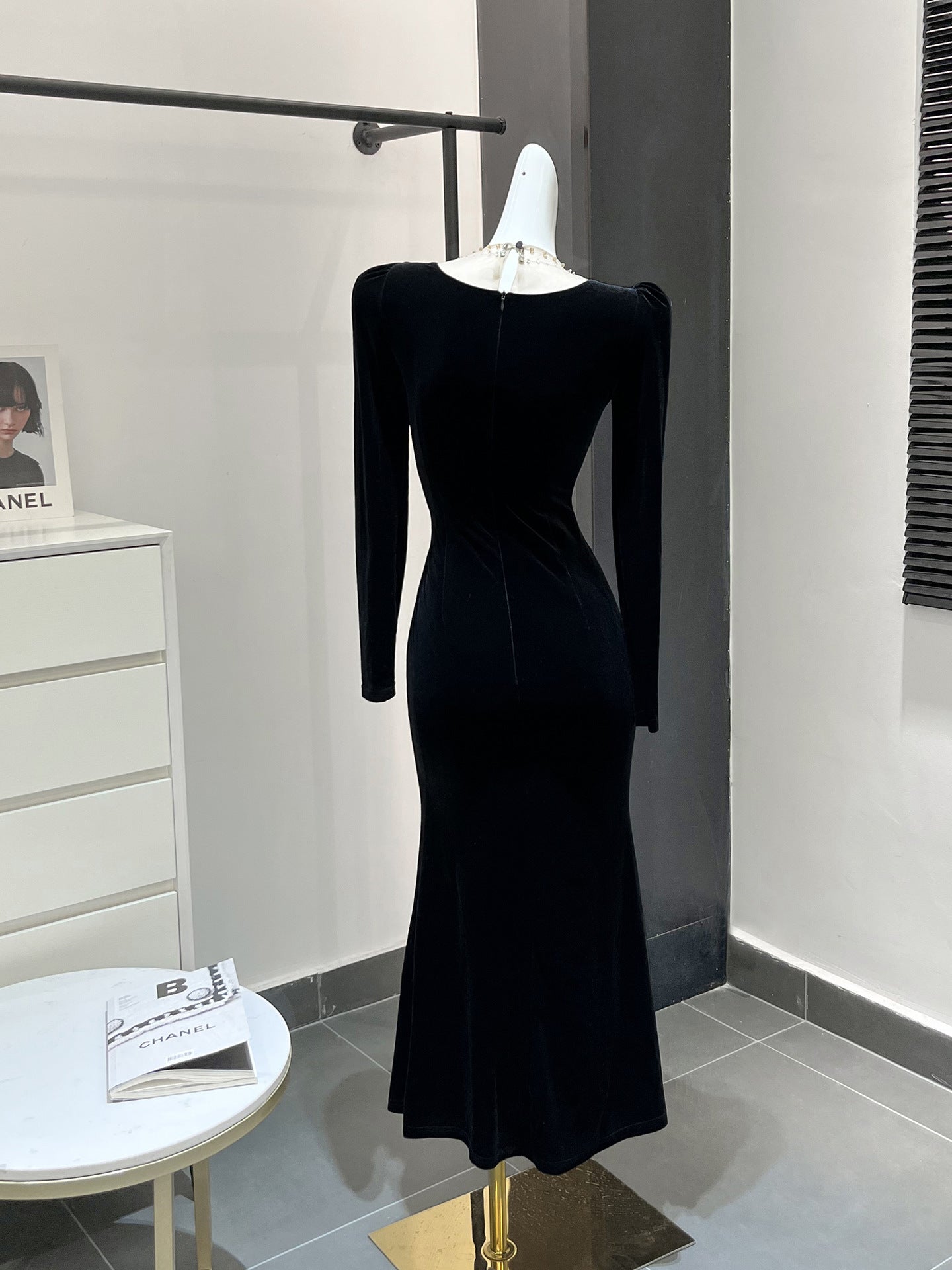 Black Heavy Industry Velvet Beads Dress Female Autumn Dress