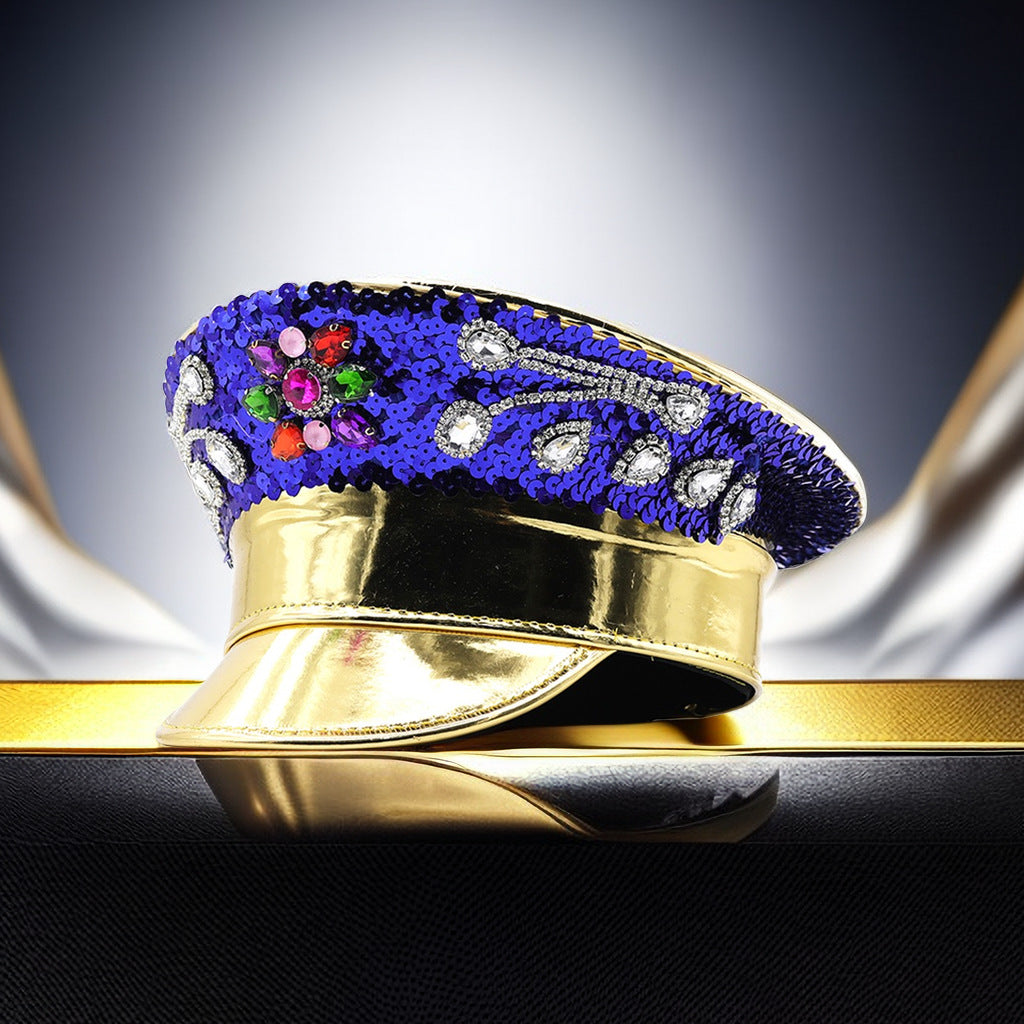 Leather Rhinestone All-match Diamond Crown Navy Hat