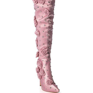 Silk Cloth Rivet Rose Over-the-knee Boots