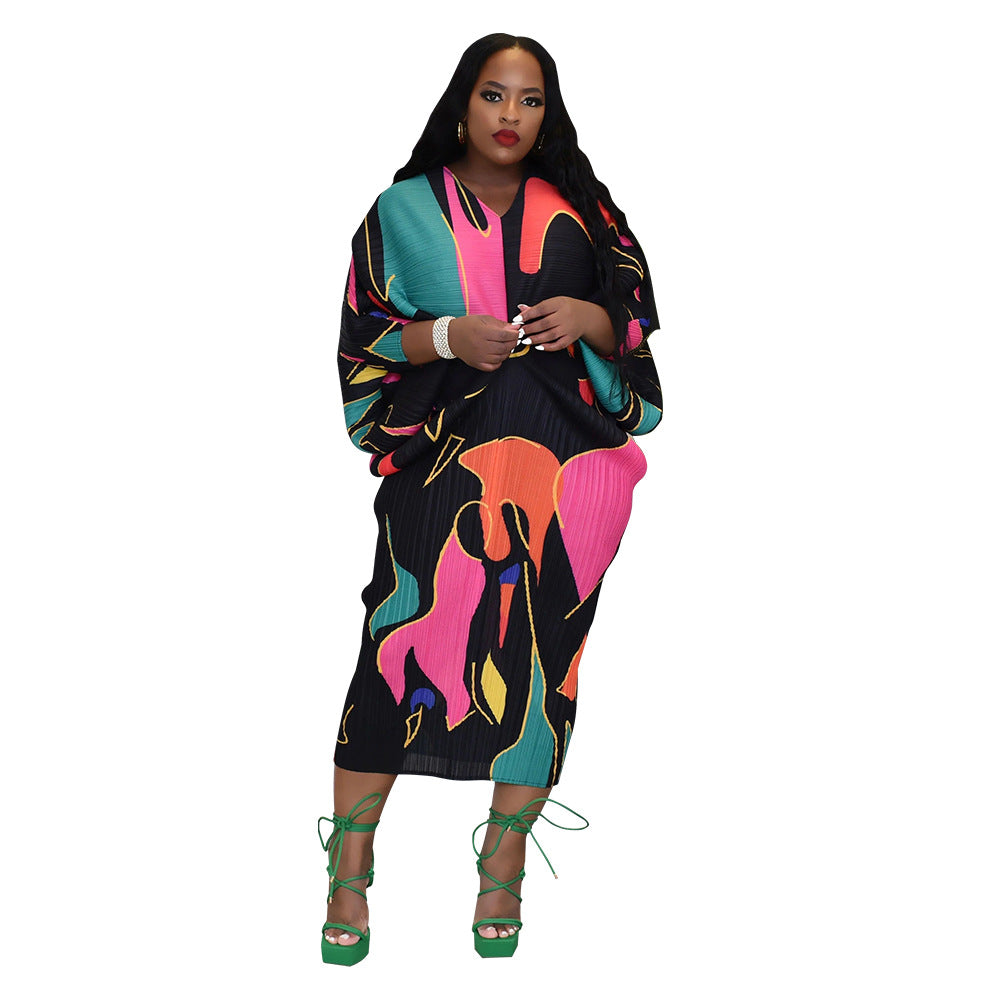 V-neck Batwing Sleeve Printing Dress