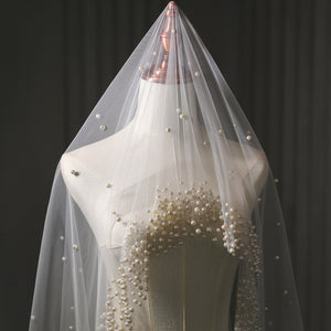 Pearl Wedding Veil 1 Layer Long Bridal Cathedral Veil