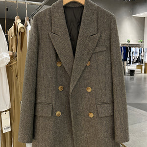 Female Gray Woolen British Style Down Jacket
