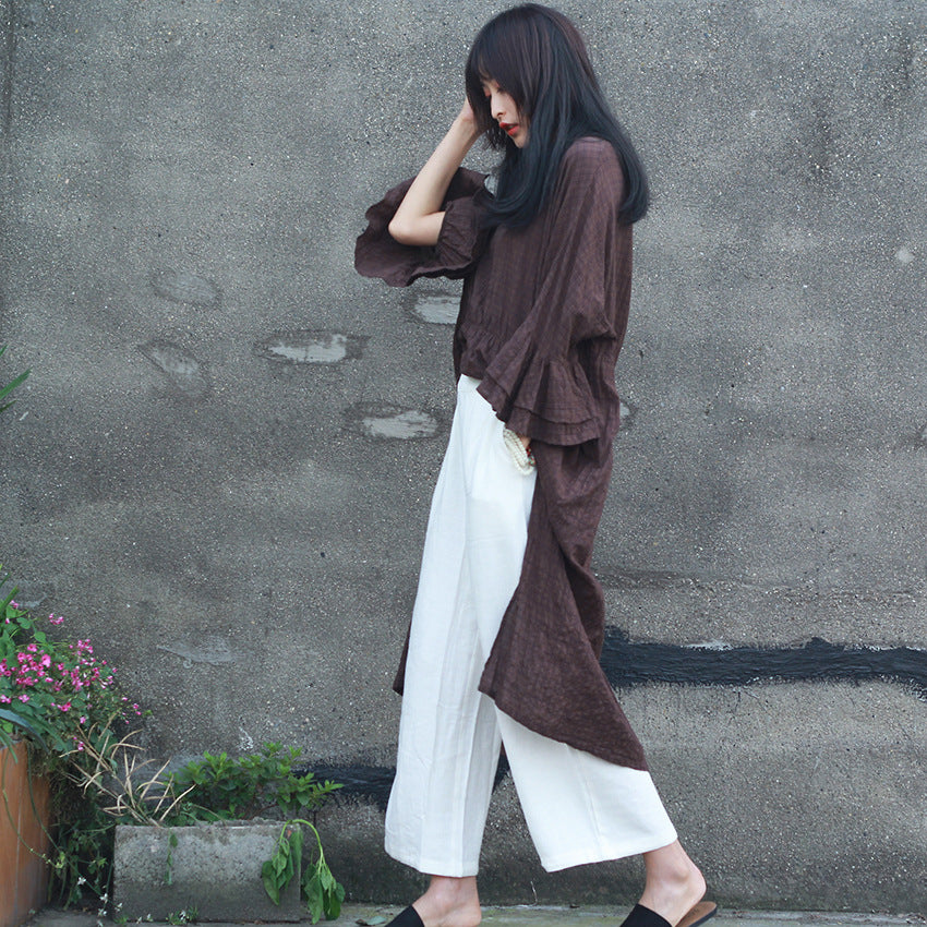 Double-layer Bell Sleeve Mid-length Cotton T-shirt Flower Sleeve Round Neck Irregular Top Artistic Loose Blouse