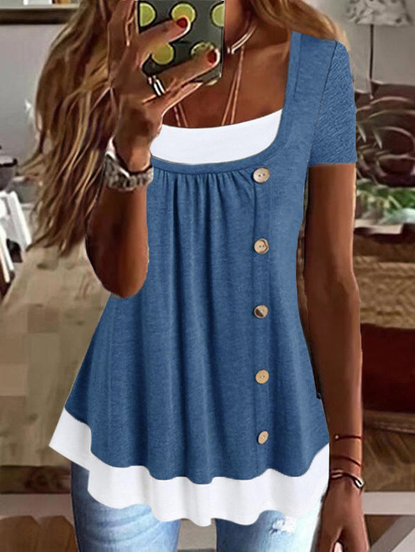 Round Neck Loose Pleated False Two-piece Suit T-shirt Top
