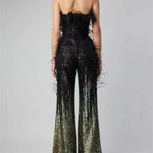 Ostrich Feather Gradient Sequin Tube Top Jumpsuit
