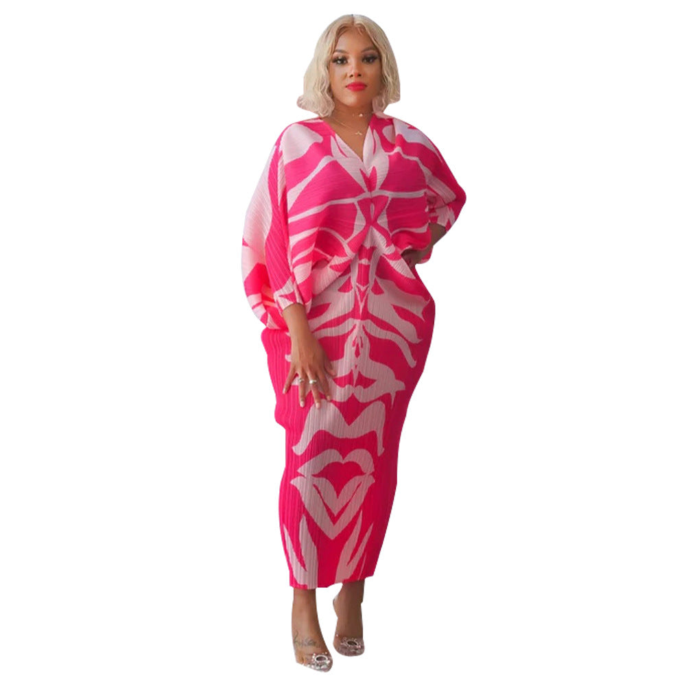 V-neck Batwing Sleeve Printing Dress