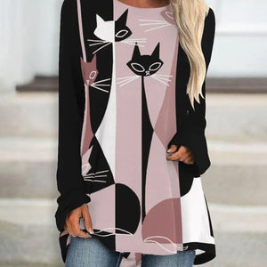2020 Stylish Loose Round Neck Digital Printed Long-sleeved Top