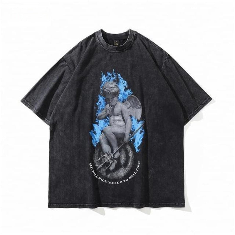 Retro Washed Distressed Loose Casual Heavy Cotton Short Sleeve