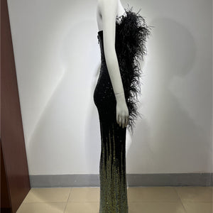 Ostrich Feather Gradient Sequin Tube Top Jumpsuit