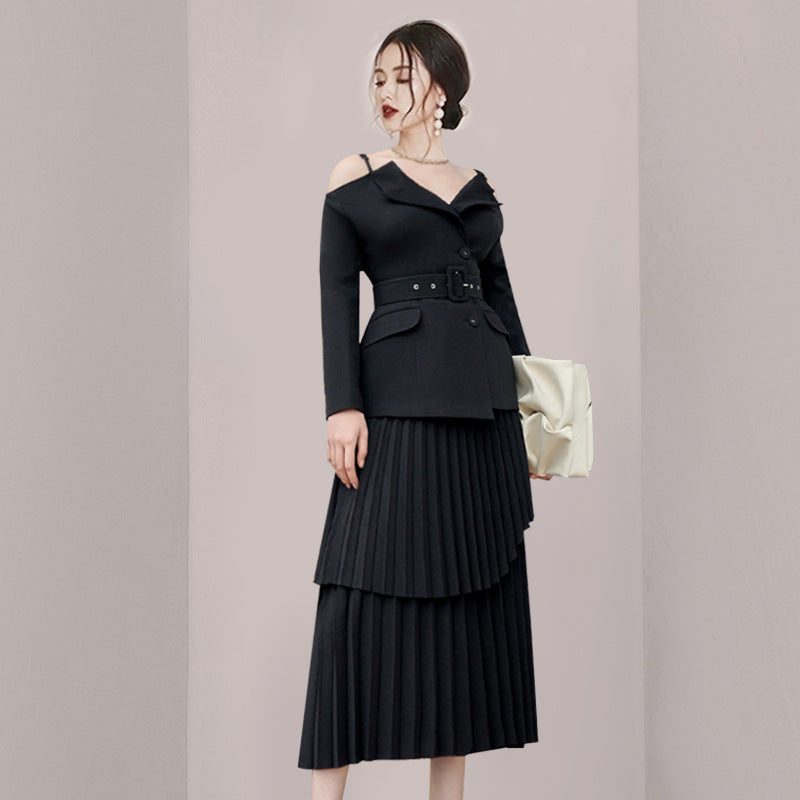 Solid Color Niche Slimming Waist Pleated Mid-length Dress Set