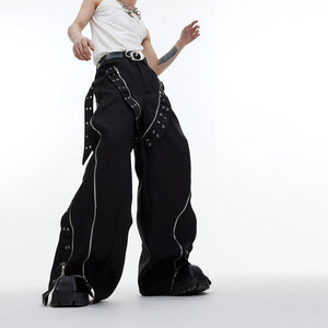Metal Zipper Design Sense Wide Leg Loose Draped Casual Pants Men