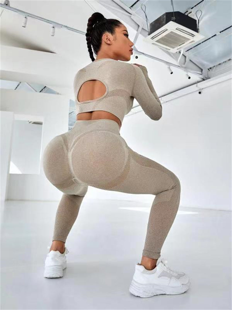 2pcs Sports Suits Long Sleeve Hollow Design Tops And Butt Lifting High Waist