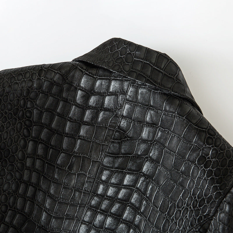 Suit Crocodile Leather Coat Slim-fit Top Metal Buckle Waist-tight Jacket