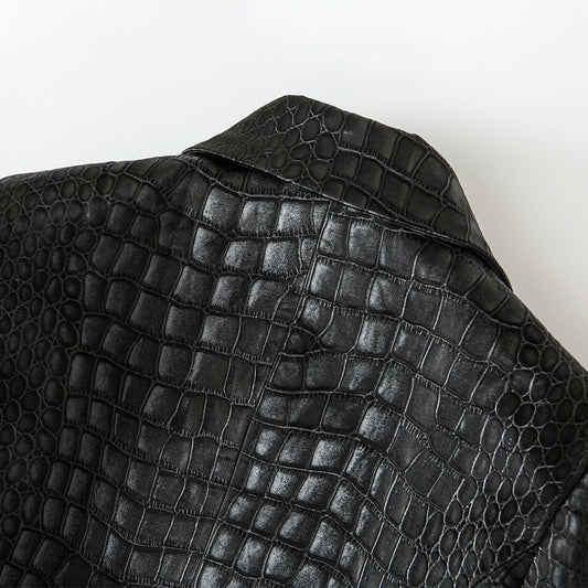 Suit Crocodile Leather Coat Slim-fit Top Metal Buckle Waist-tight Jacket