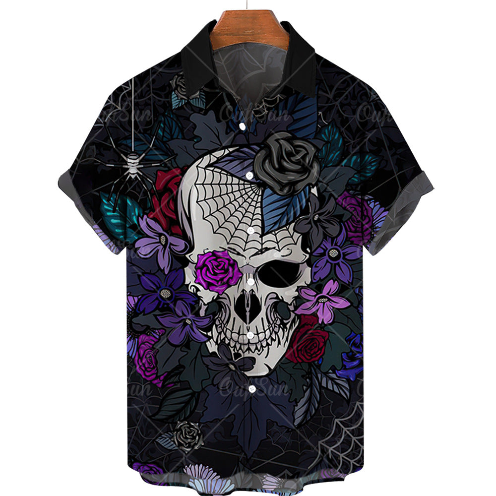 Men's Halloween Short Sleeve Printing Lapel Cardigan Top Summer Cartoon Unique Shirt