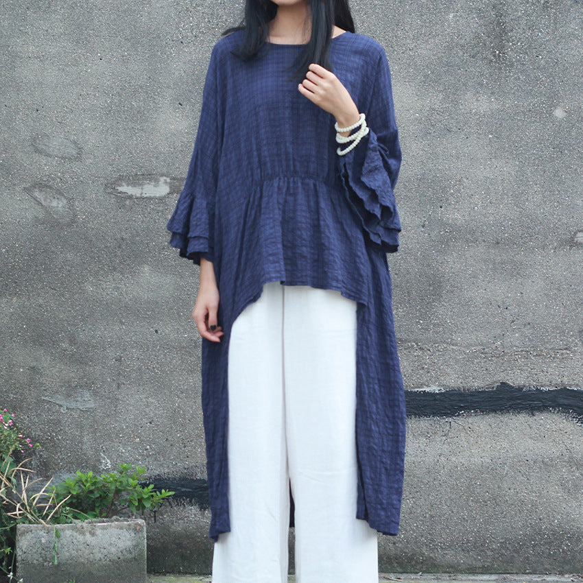 Double-layer Bell Sleeve Mid-length Cotton T-shirt Flower Sleeve Round Neck Irregular Top Artistic Loose Blouse