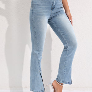 Commuter Split Straight Pants Fashionable Stretch Washed Jeans