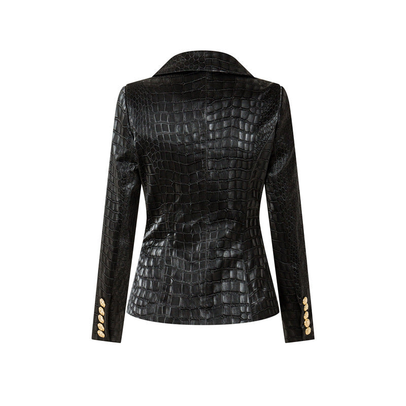 Suit Crocodile Leather Coat Slim-fit Top Metal Buckle Waist-tight Jacket