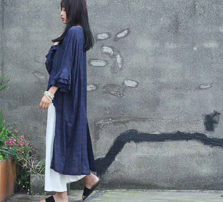 Double-layer Bell Sleeve Mid-length Cotton T-shirt Flower Sleeve Round Neck Irregular Top Artistic Loose Blouse