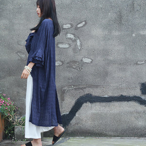 Double-layer Bell Sleeve Mid-length Cotton T-shirt Flower Sleeve Round Neck Irregular Top Artistic Loose Blouse