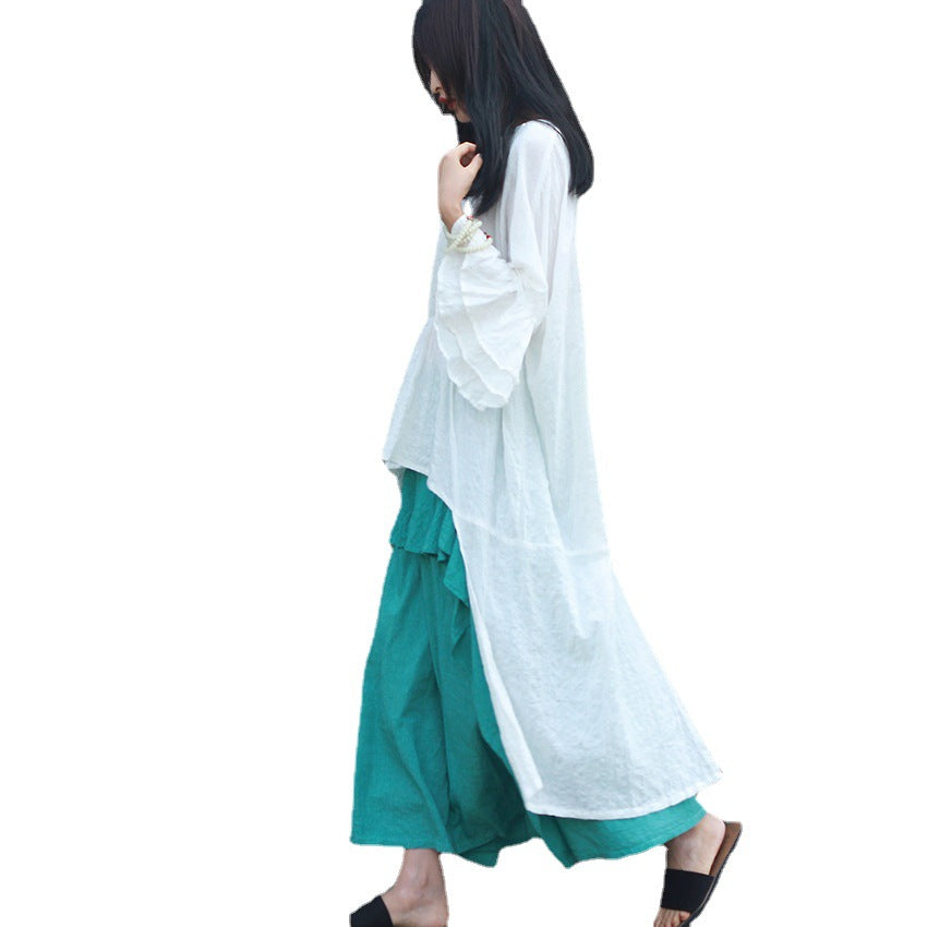 Double-layer Bell Sleeve Mid-length Cotton T-shirt Flower Sleeve Round Neck Irregular Top Artistic Loose Blouse