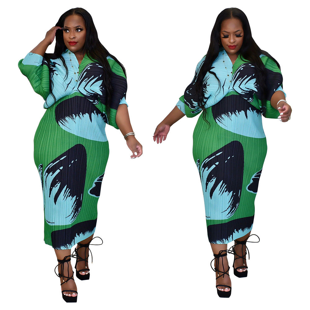V-neck Batwing Sleeve Printing Dress