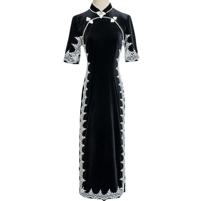 Black Velvet Cheongsam Temperament Retro Dress