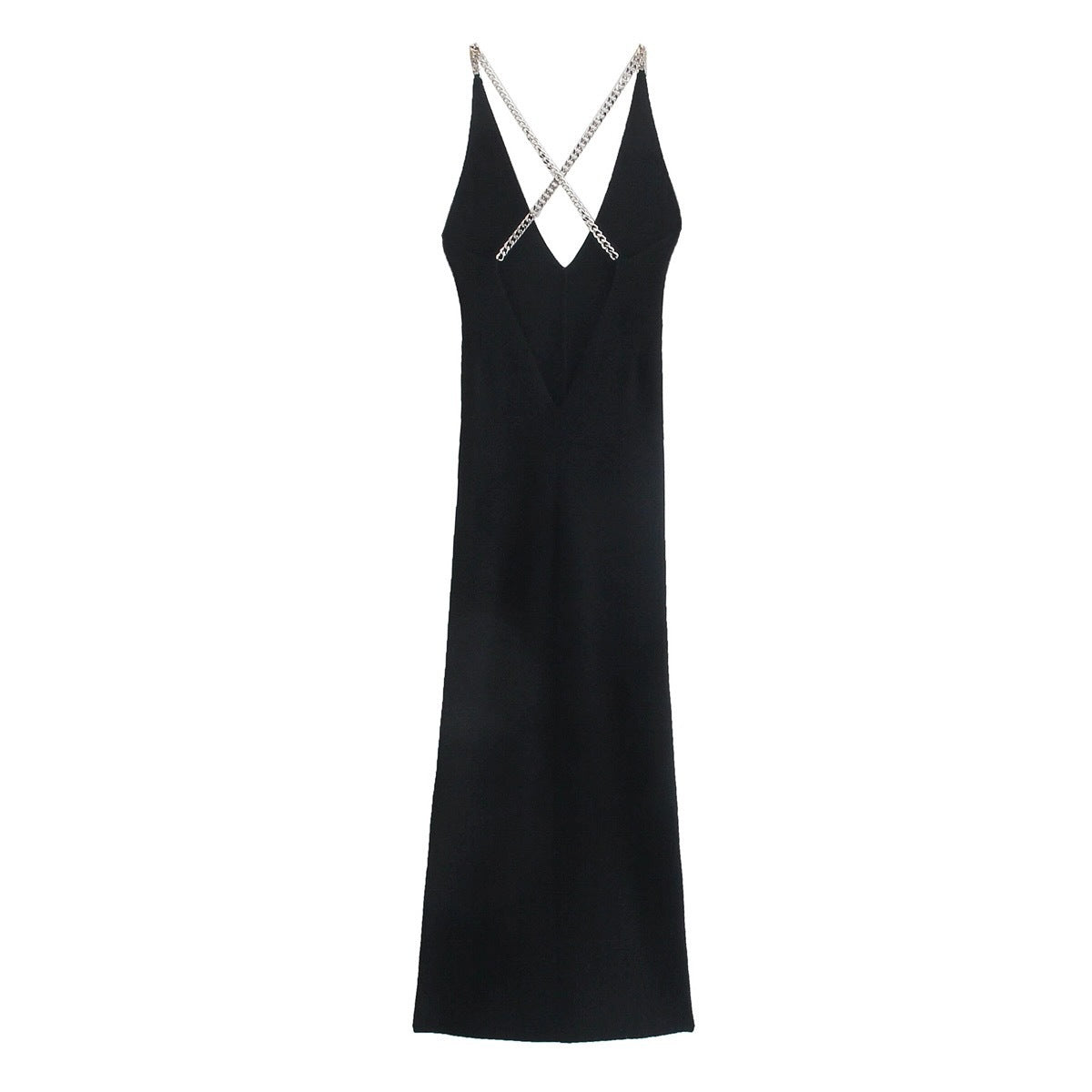 Black Chain-embellished Cross-strap Knitted Dress