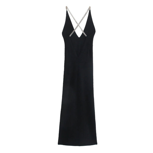 Black Chain-embellished Cross-strap Knitted Dress