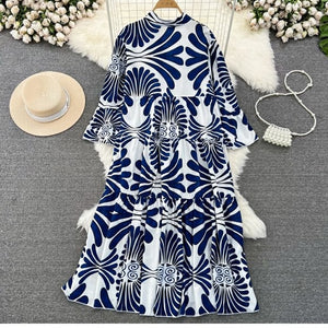 Summer Women's Retro Flared Long Sleeve V-neck Printed Dress
