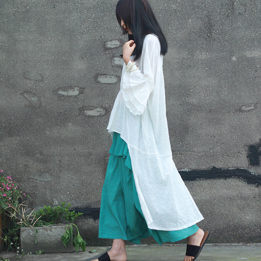 Double-layer Bell Sleeve Mid-length Cotton T-shirt Flower Sleeve Round Neck Irregular Top Artistic Loose Blouse