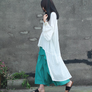 Double-layer Bell Sleeve Mid-length Cotton T-shirt Flower Sleeve Round Neck Irregular Top Artistic Loose Blouse