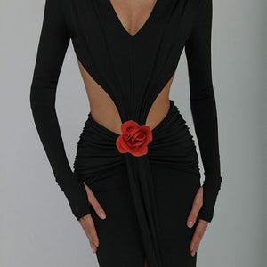 Sexy V-neck Backless Long Sleeves Skirt Waist Decorative Flower Split Fishtail Gown Dress Long