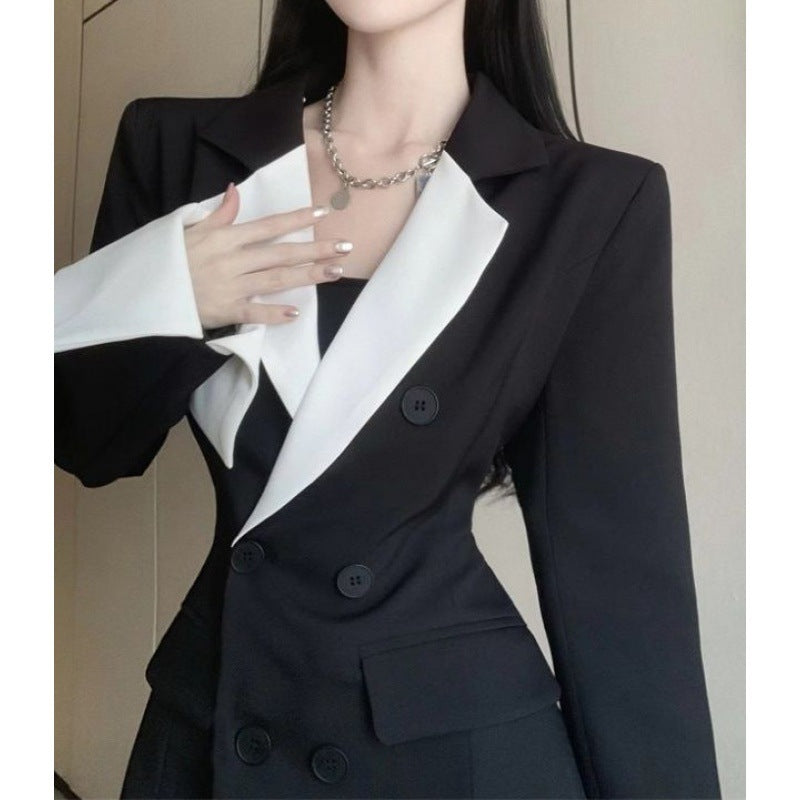 High Sense Design Contrast Color Suit Long Sleeve Slim Fit Dress
