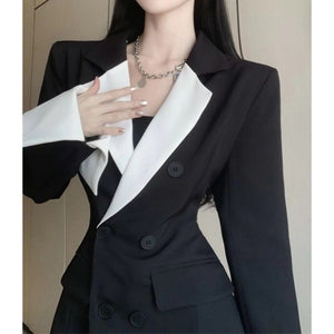 High Sense Design Contrast Color Suit Long Sleeve Slim Fit Dress