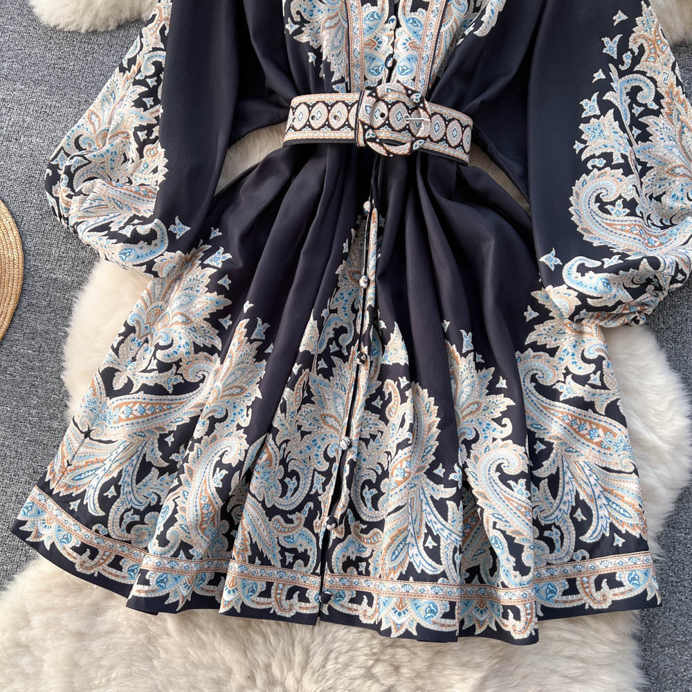 Printed Lantern Sleeve Midi Dress