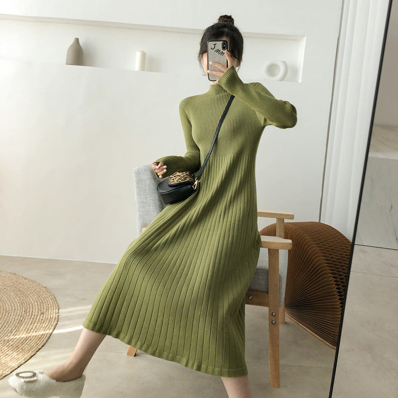 Half Turtleneck Base Ride A- Line Woolen Skirt Women