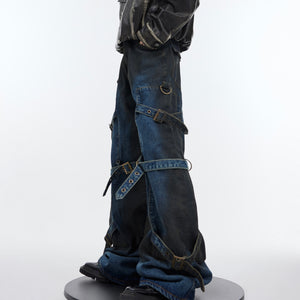 Retro Lace-up Design Feeling Slightly Pull Denim Niche Metal Buckle Casual Trousers