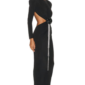 Sexy Backless Black Long Sleeve Hollow Flower Tassel Decoration Dress