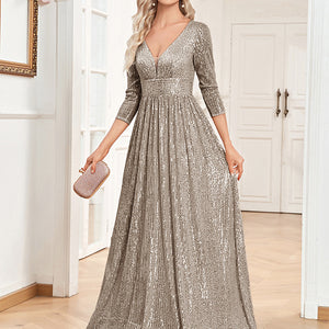 Sequined Fall V-neck High Waist Party Formal Dress