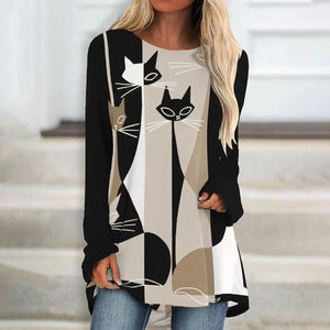 2020 Stylish Loose Round Neck Digital Printed Long-sleeved Top
