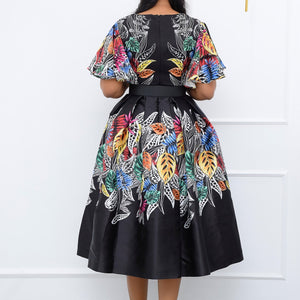 Printed Black Pullover High Waist Temperament Commuter Midi Dress