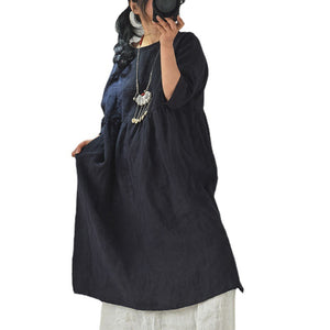 Original Linen Round Neck Embroidery Thread 34 Sleeve Swing Dress
