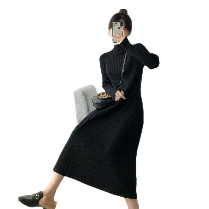 Half Turtleneck Base Ride A- Line Woolen Skirt Women